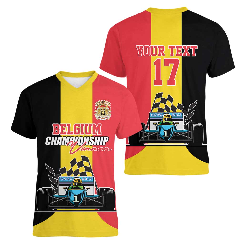 Custom Belgium Formula One Women V-Neck T-Shirt Motorsport with Flag F1 World Championship