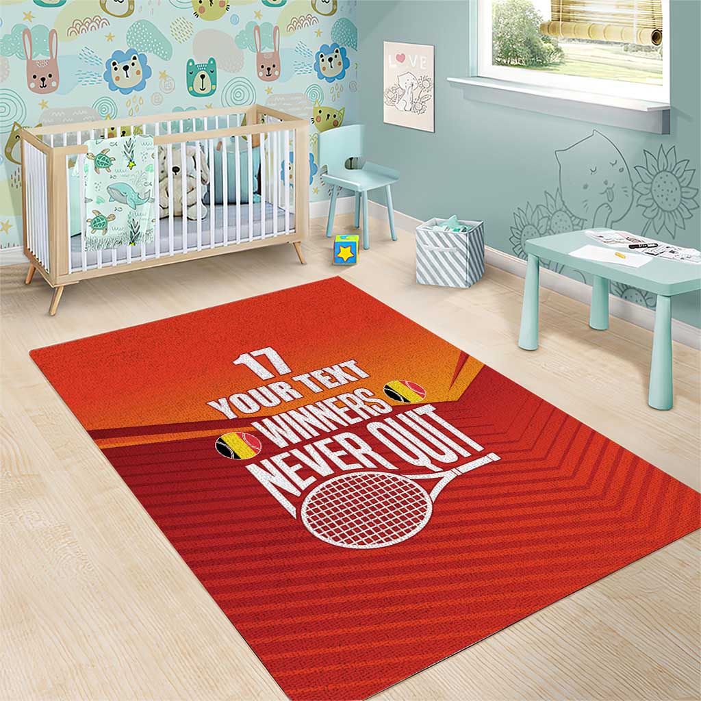 Custom Belgium Tennis Champions Area Rug Winners Never Quit with A Crowned Lion