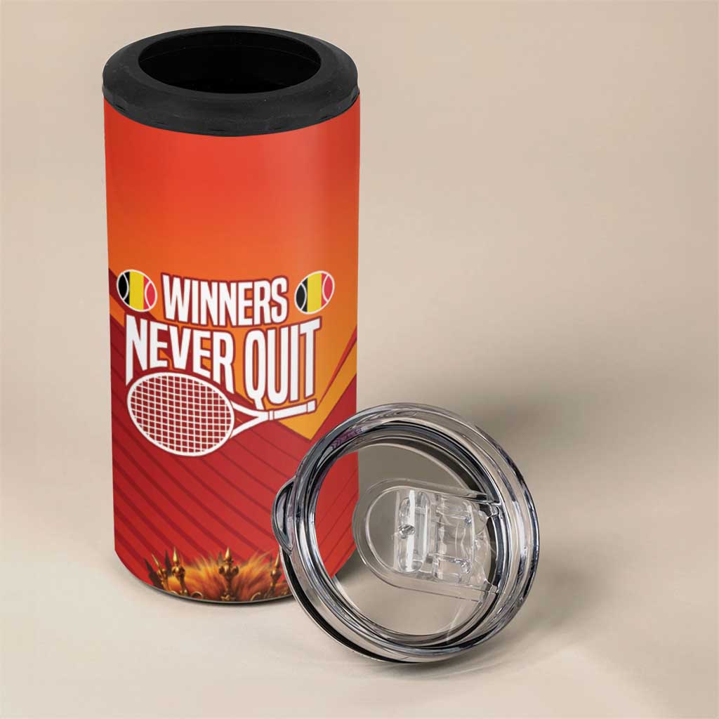Custom Belgium Tennis Champions 4 in 1 Can Cooler Tumbler Winners Never Quit with A Crowned Lion