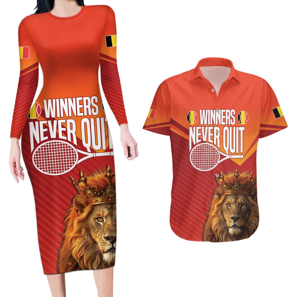 Custom Belgium Tennis Champions Couples Matching Long Sleeve Bodycon Dress and Hawaiian Shirt Winners Never Quit with A Crowned Lion