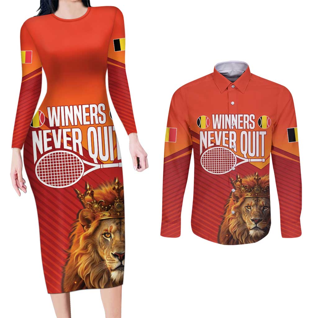 Custom Belgium Tennis Champions Couples Matching Long Sleeve Bodycon Dress and Long Sleeve Button Shirt Winners Never Quit with A Crowned Lion