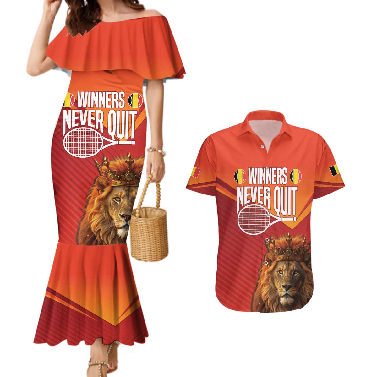 Custom Belgium Tennis Champions Couples Matching Mermaid Dress and Hawaiian Shirt Winners Never Quit with A Crowned Lion