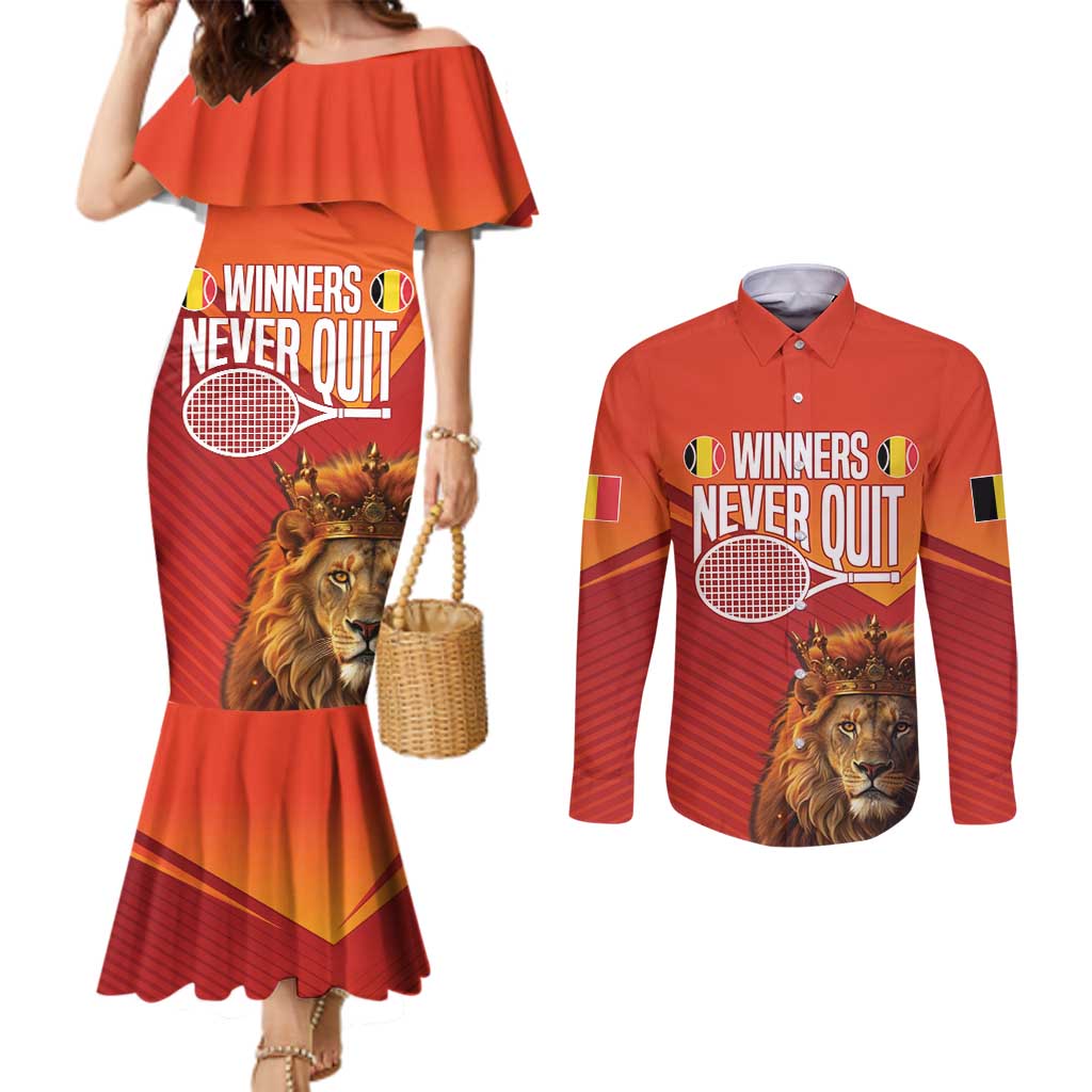 Custom Belgium Tennis Champions Couples Matching Mermaid Dress and Long Sleeve Button Shirt Winners Never Quit with A Crowned Lion