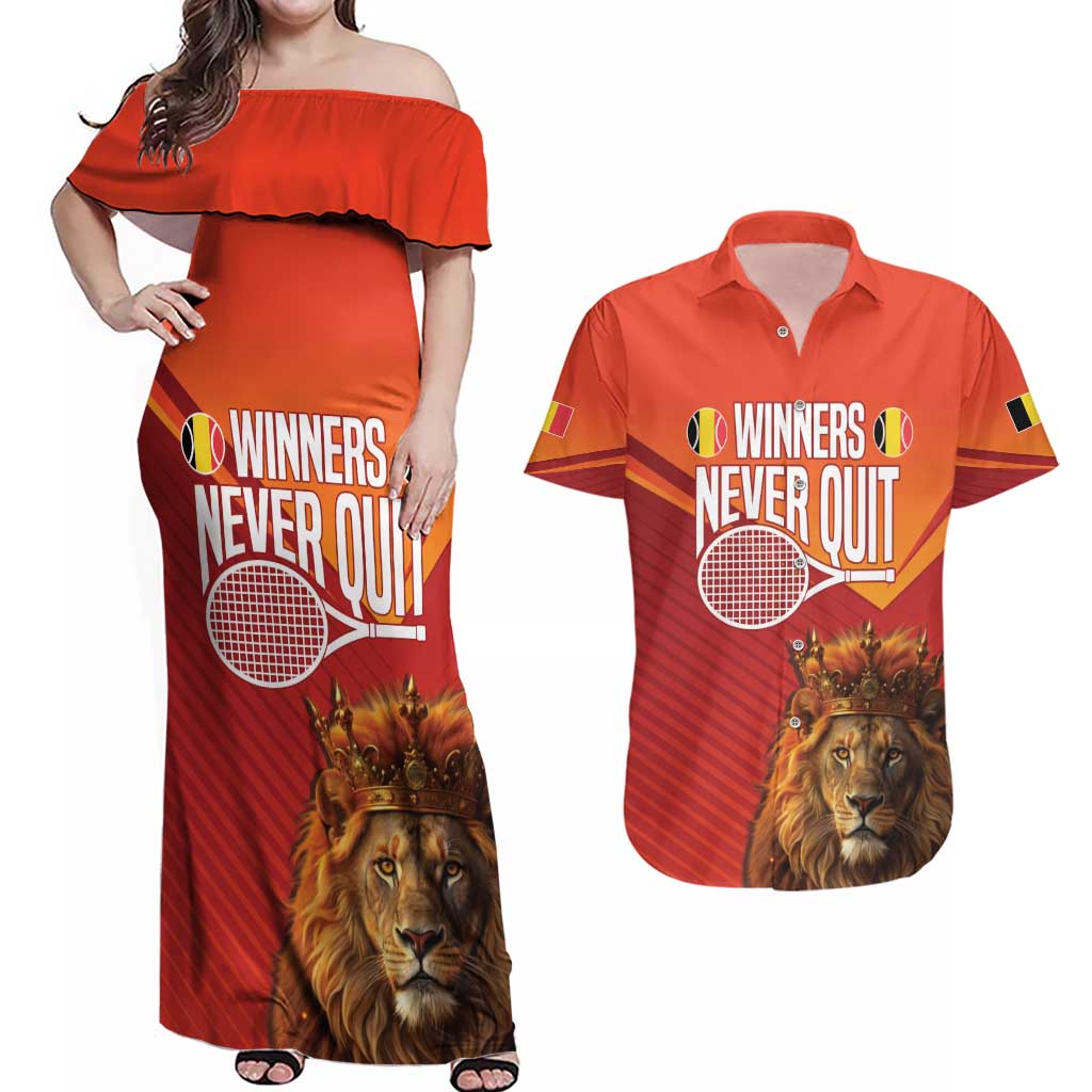 Custom Belgium Tennis Champions Couples Matching Off Shoulder Maxi Dress and Hawaiian Shirt Winners Never Quit with A Crowned Lion