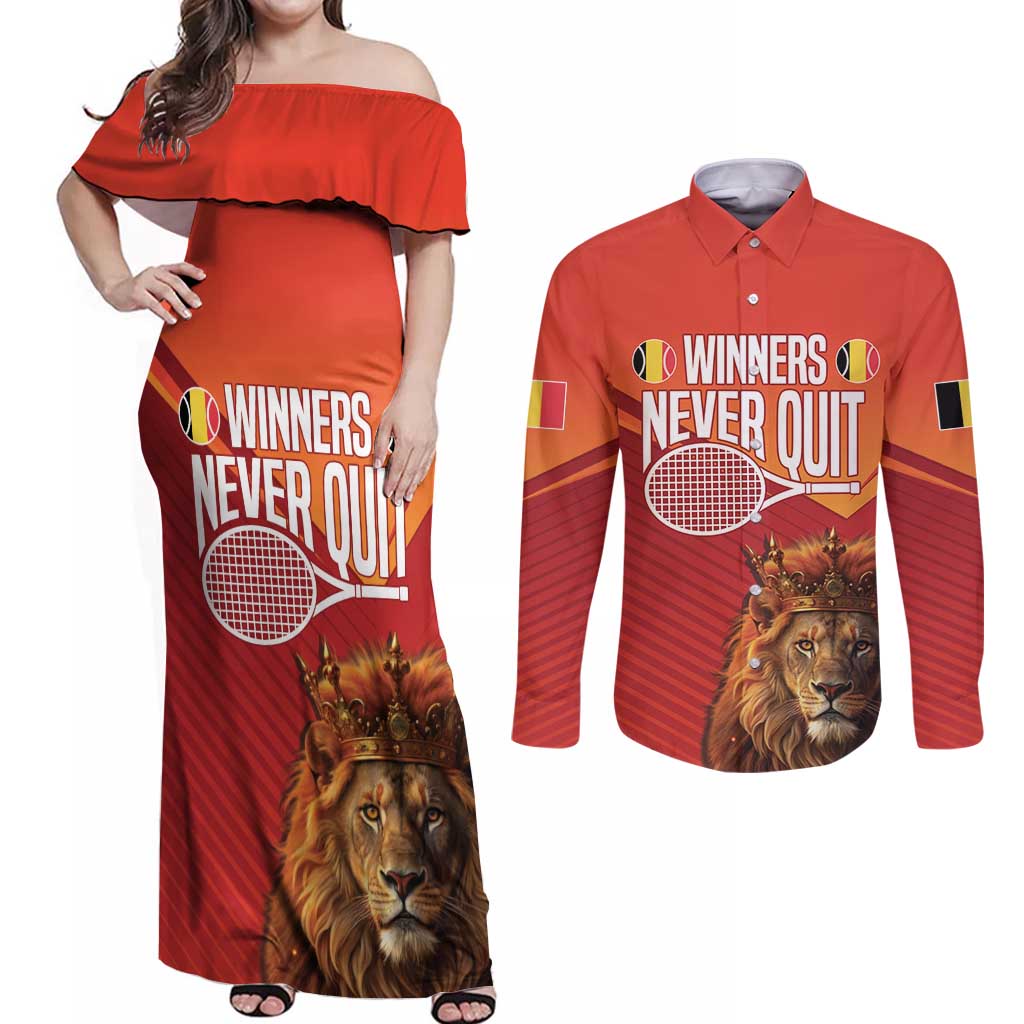 Custom Belgium Tennis Champions Couples Matching Off Shoulder Maxi Dress and Long Sleeve Button Shirt Winners Never Quit with A Crowned Lion