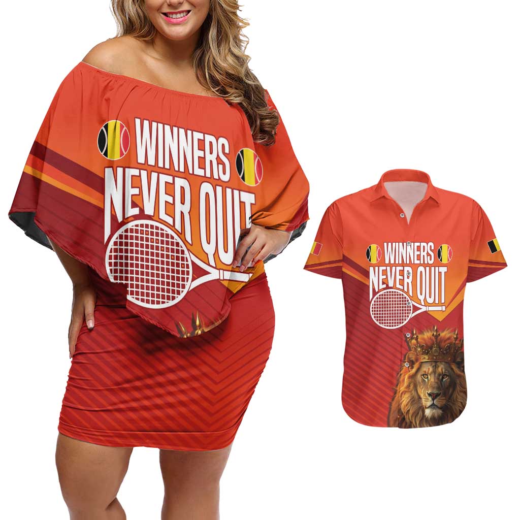 Custom Belgium Tennis Champions Couples Matching Off Shoulder Short Dress and Hawaiian Shirt Winners Never Quit with A Crowned Lion