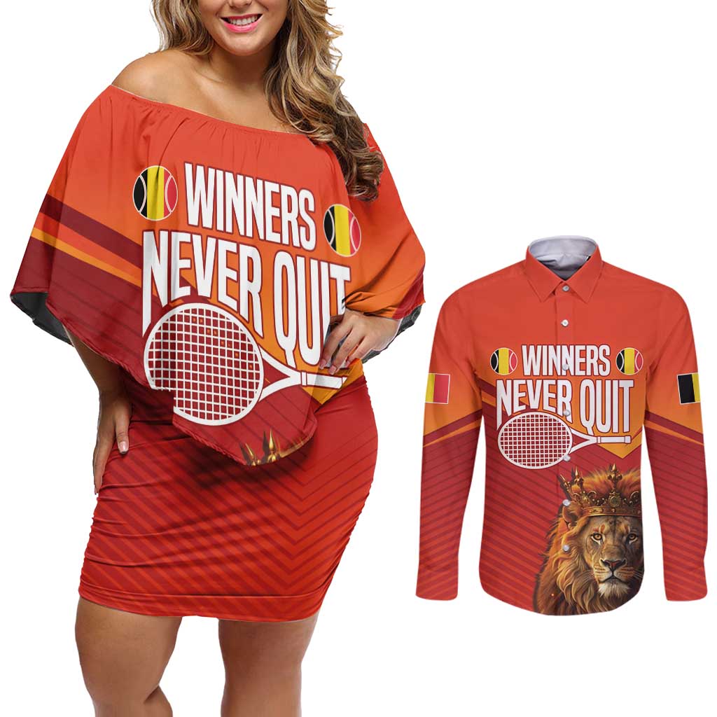 Custom Belgium Tennis Champions Couples Matching Off Shoulder Short Dress and Long Sleeve Button Shirt Winners Never Quit with A Crowned Lion