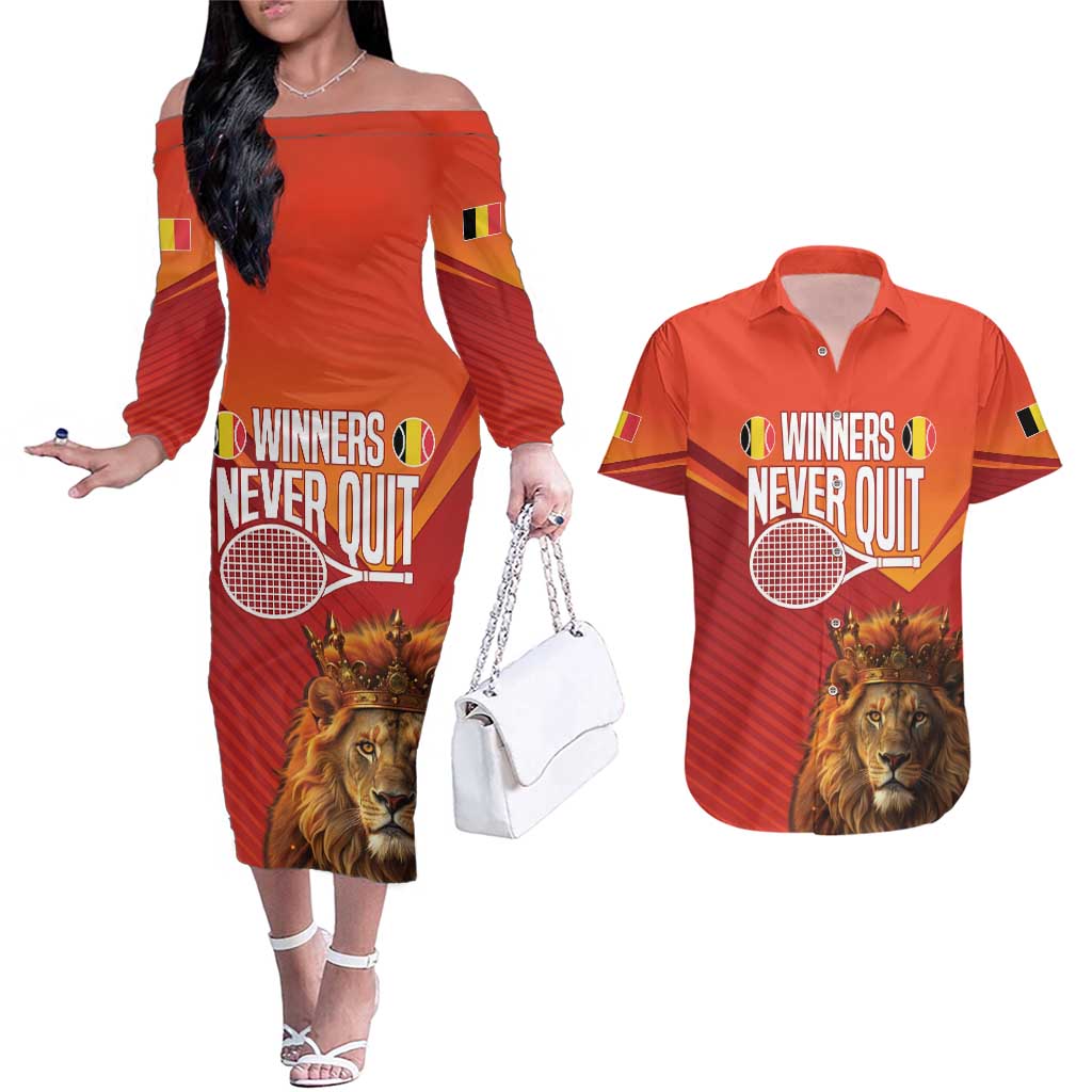 Custom Belgium Tennis Champions Couples Matching Off The Shoulder Long Sleeve Dress and Hawaiian Shirt Winners Never Quit with A Crowned Lion