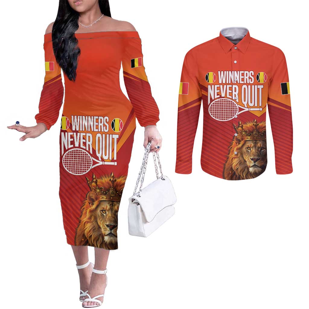 Custom Belgium Tennis Champions Couples Matching Off The Shoulder Long Sleeve Dress and Long Sleeve Button Shirt Winners Never Quit with A Crowned Lion