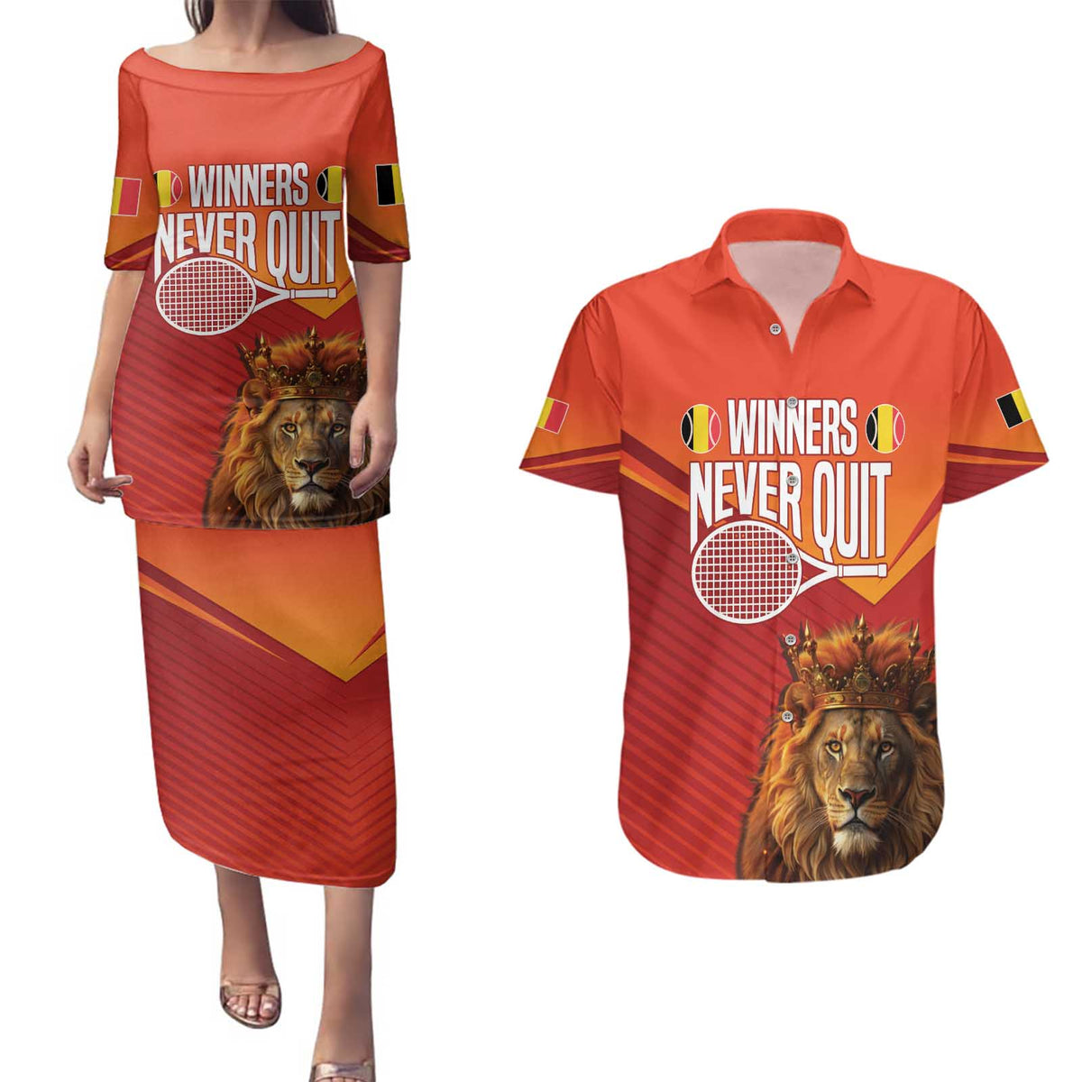 Custom Belgium Tennis Champions Couples Matching Puletasi and Hawaiian Shirt Winners Never Quit with A Crowned Lion