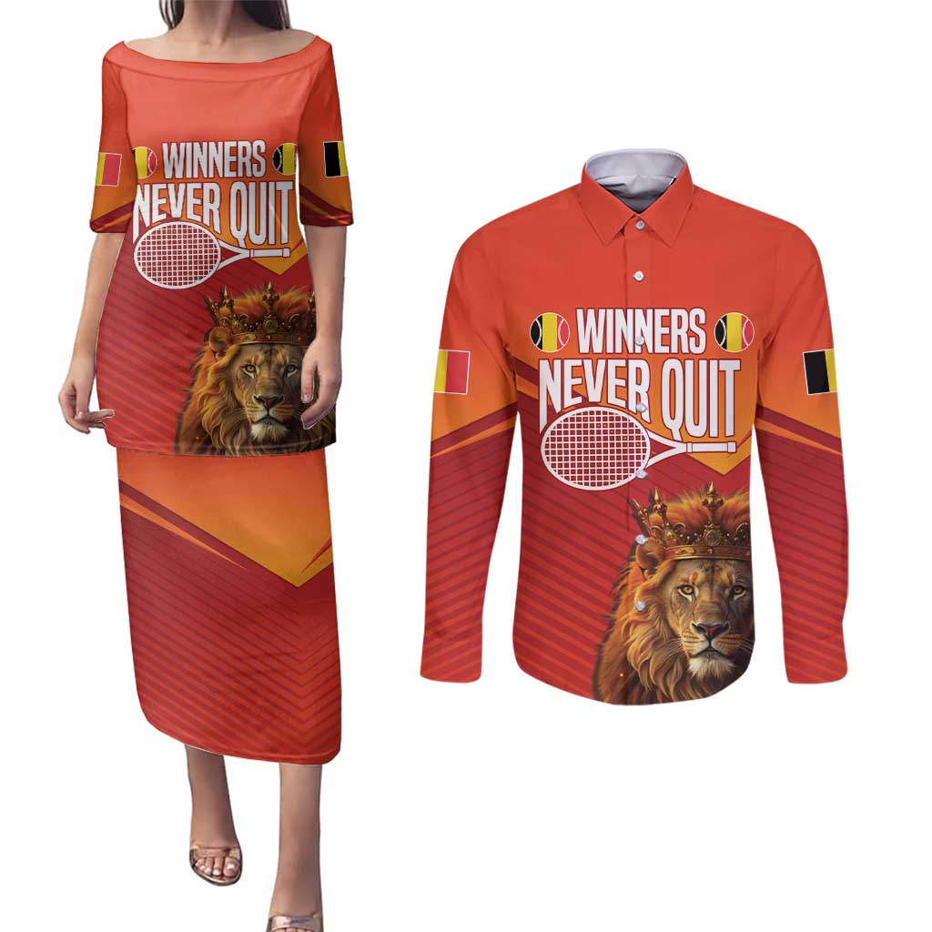 Custom Belgium Tennis Champions Couples Matching Puletasi and Long Sleeve Button Shirt Winners Never Quit with A Crowned Lion