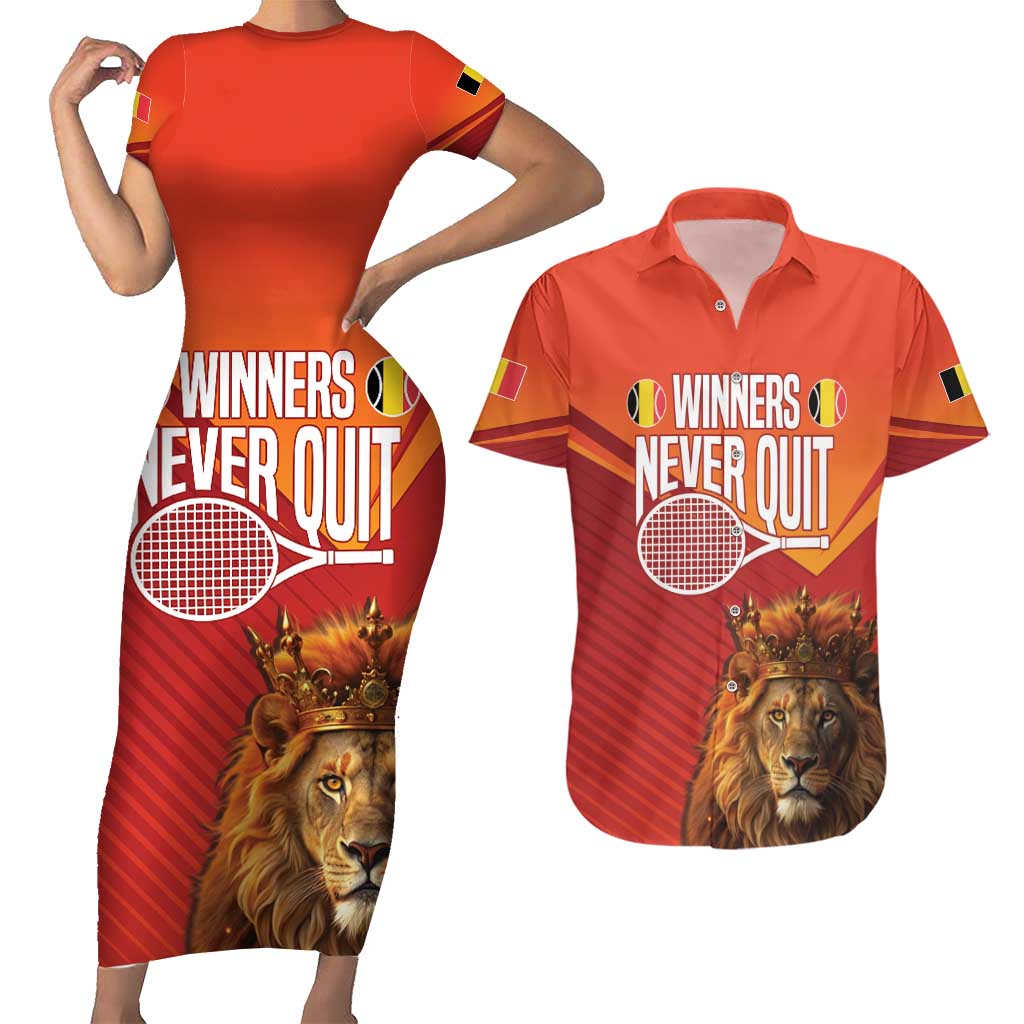 Custom Belgium Tennis Champions Couples Matching Short Sleeve Bodycon Dress and Hawaiian Shirt Winners Never Quit with A Crowned Lion