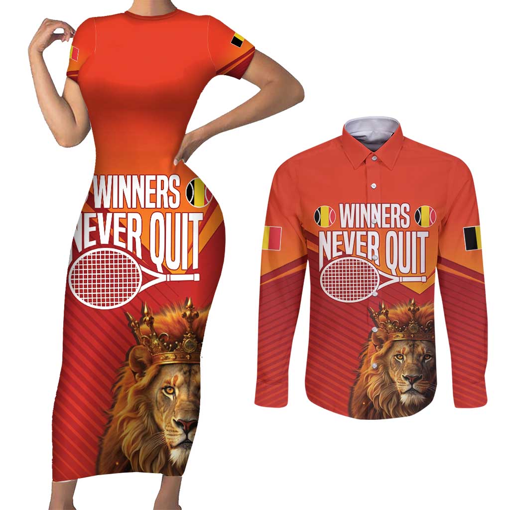 Custom Belgium Tennis Champions Couples Matching Short Sleeve Bodycon Dress and Long Sleeve Button Shirt Winners Never Quit with A Crowned Lion