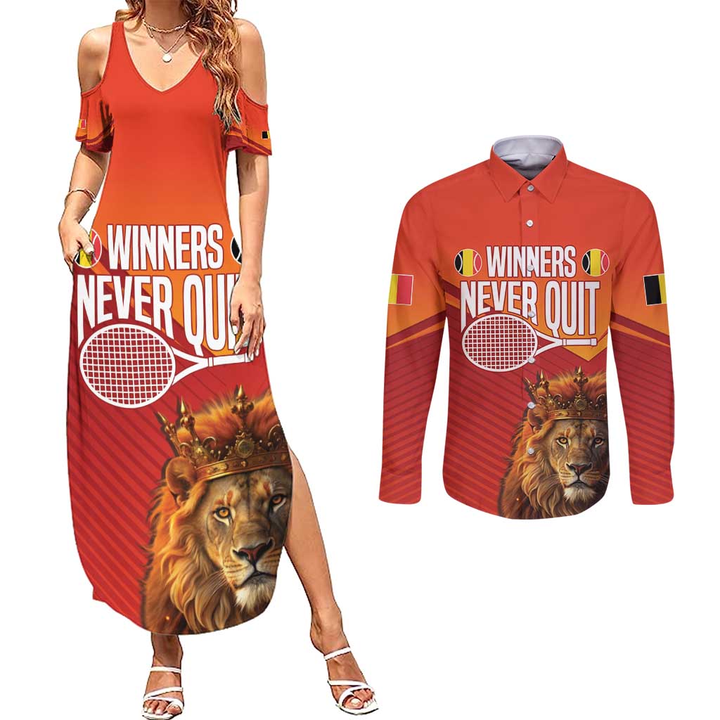 Custom Belgium Tennis Champions Couples Matching Summer Maxi Dress and Long Sleeve Button Shirt Winners Never Quit with A Crowned Lion