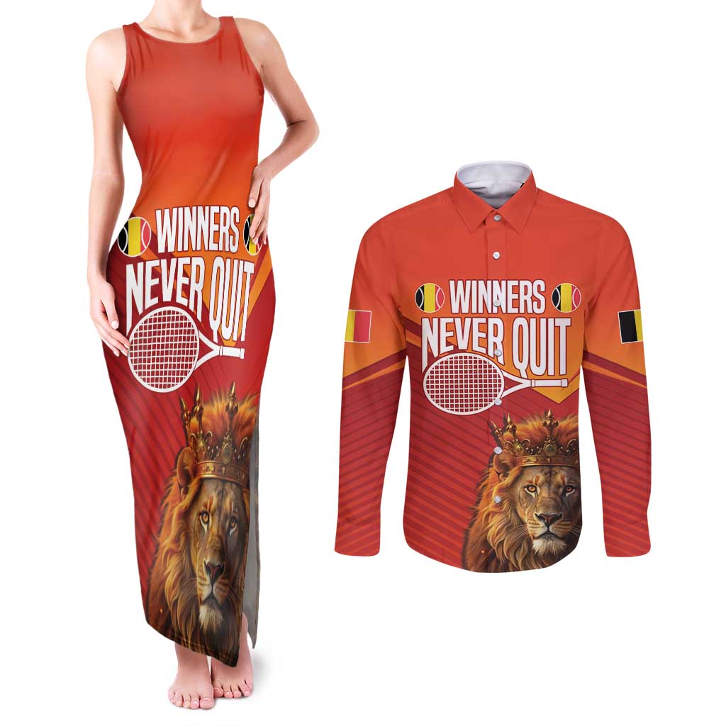 Custom Belgium Tennis Champions Couples Matching Tank Maxi Dress and Long Sleeve Button Shirt Winners Never Quit with A Crowned Lion