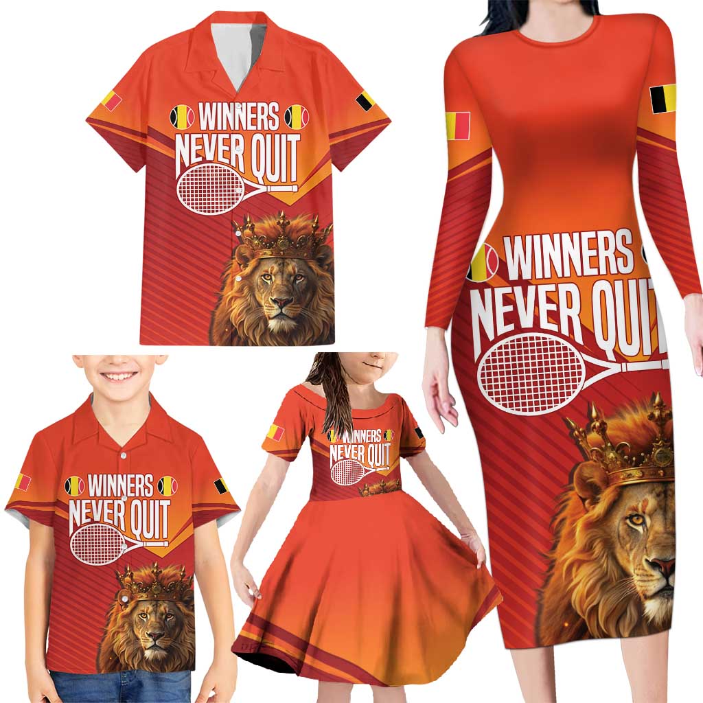Custom Belgium Tennis Champions Family Matching Long Sleeve Bodycon Dress and Hawaiian Shirt Winners Never Quit with A Crowned Lion