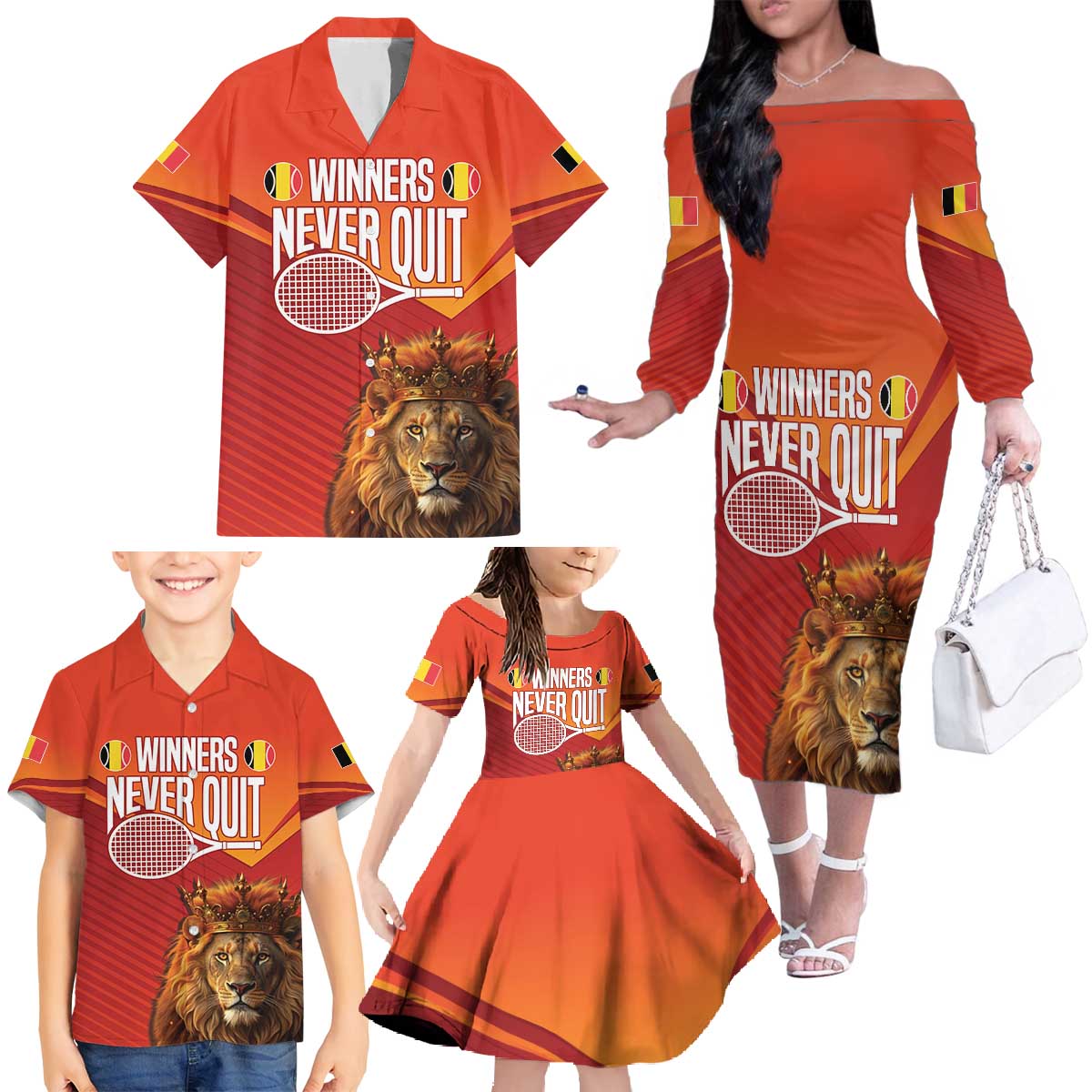 Custom Belgium Tennis Champions Family Matching Off The Shoulder Long Sleeve Dress and Hawaiian Shirt Winners Never Quit with A Crowned Lion