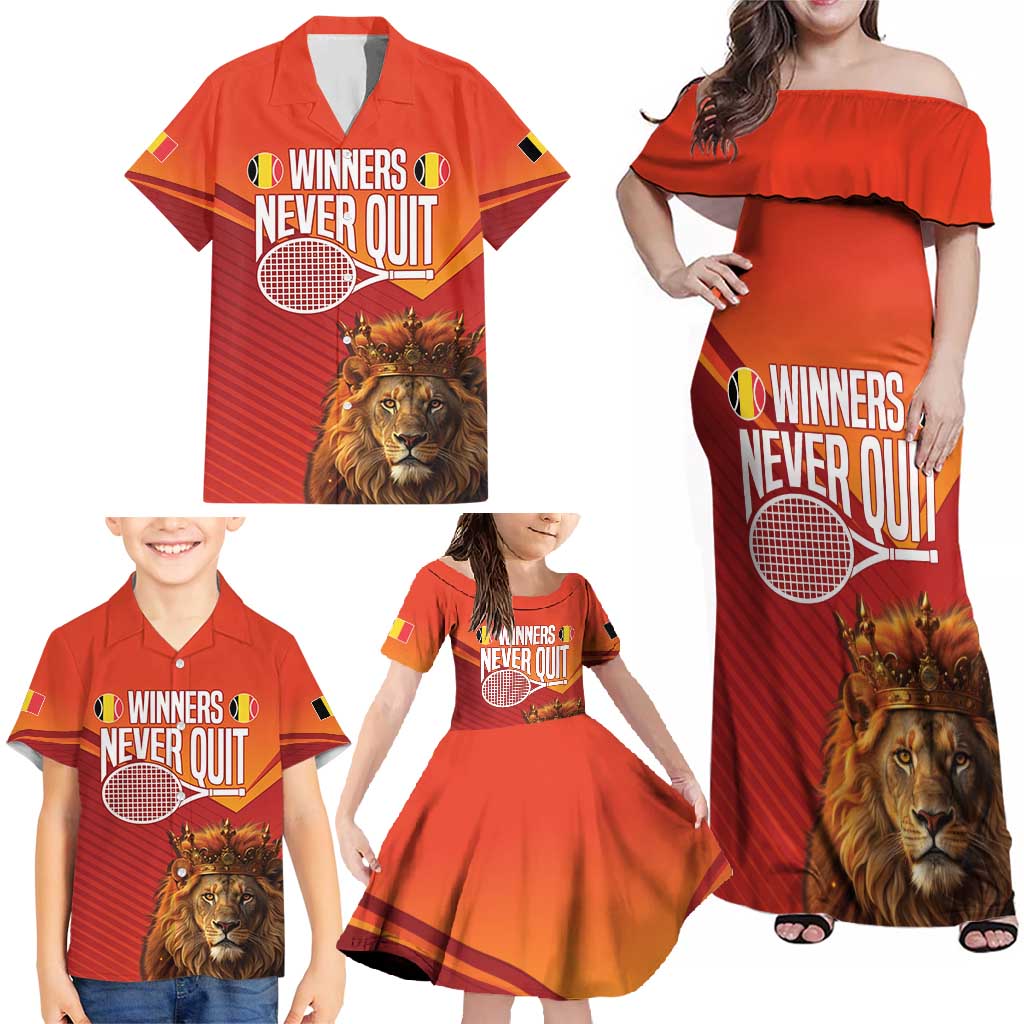Custom Belgium Tennis Champions Family Matching Off Shoulder Maxi Dress and Hawaiian Shirt Winners Never Quit with A Crowned Lion