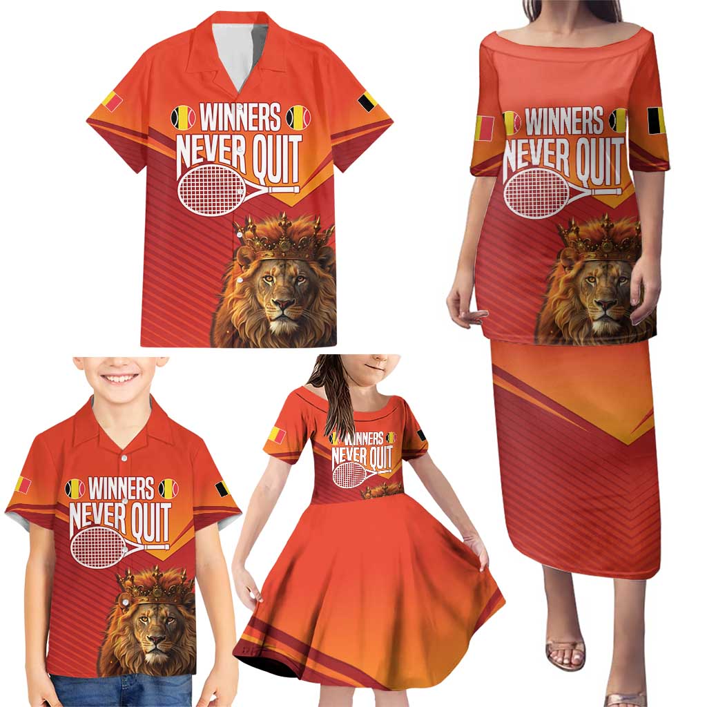 Custom Belgium Tennis Champions Family Matching Puletasi and Hawaiian Shirt Winners Never Quit with A Crowned Lion