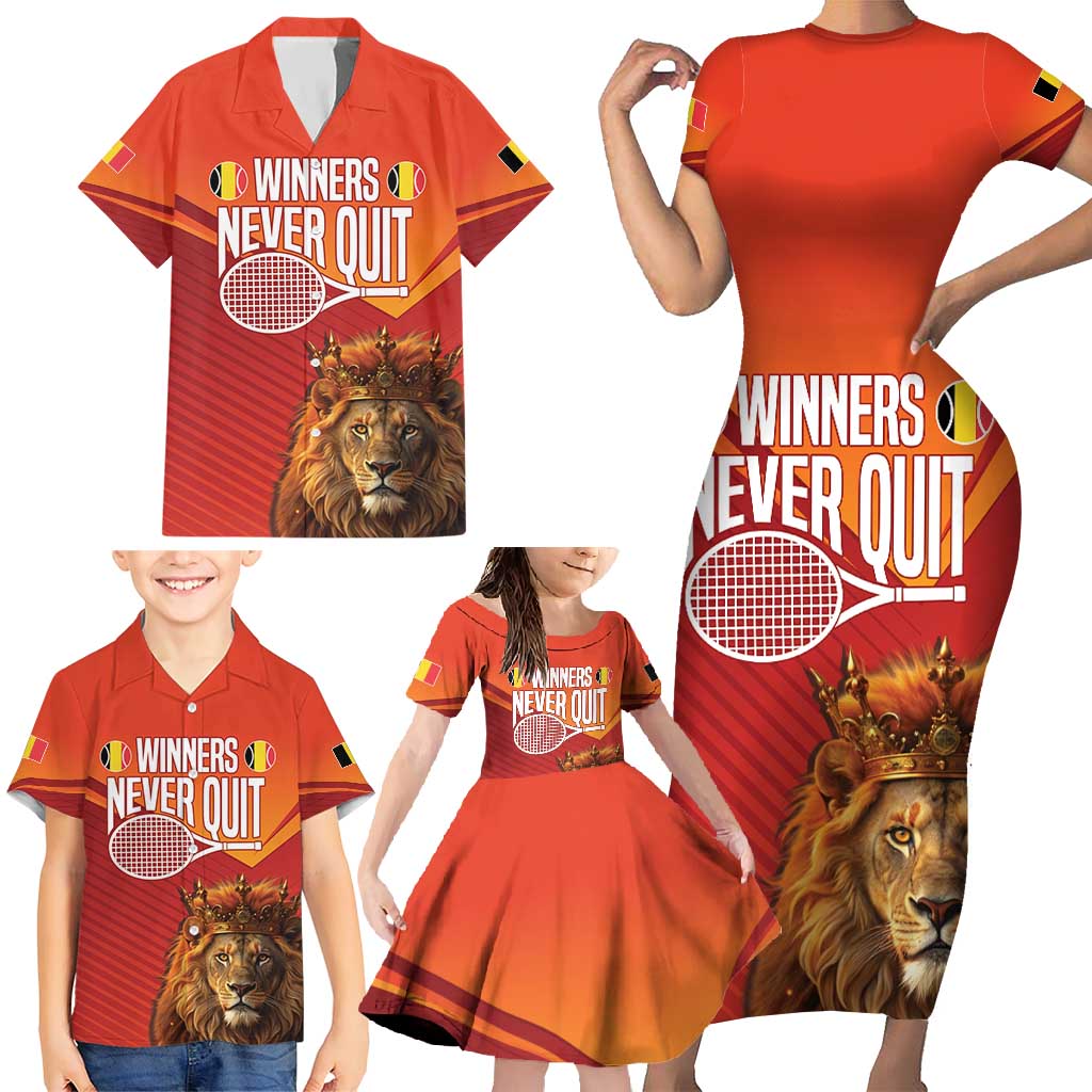 Custom Belgium Tennis Champions Family Matching Short Sleeve Bodycon Dress and Hawaiian Shirt Winners Never Quit with A Crowned Lion