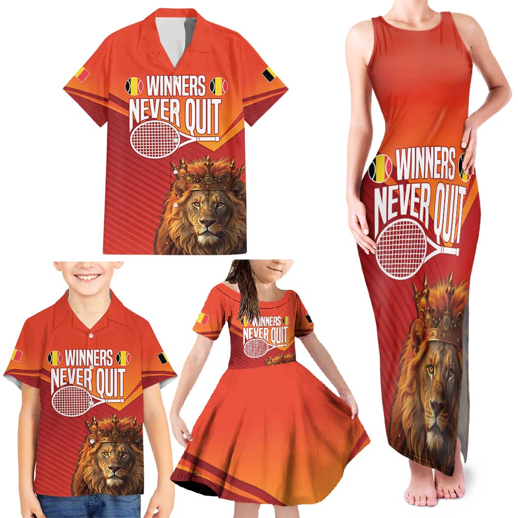 Custom Belgium Tennis Champions Family Matching Tank Maxi Dress and Hawaiian Shirt Winners Never Quit with A Crowned Lion