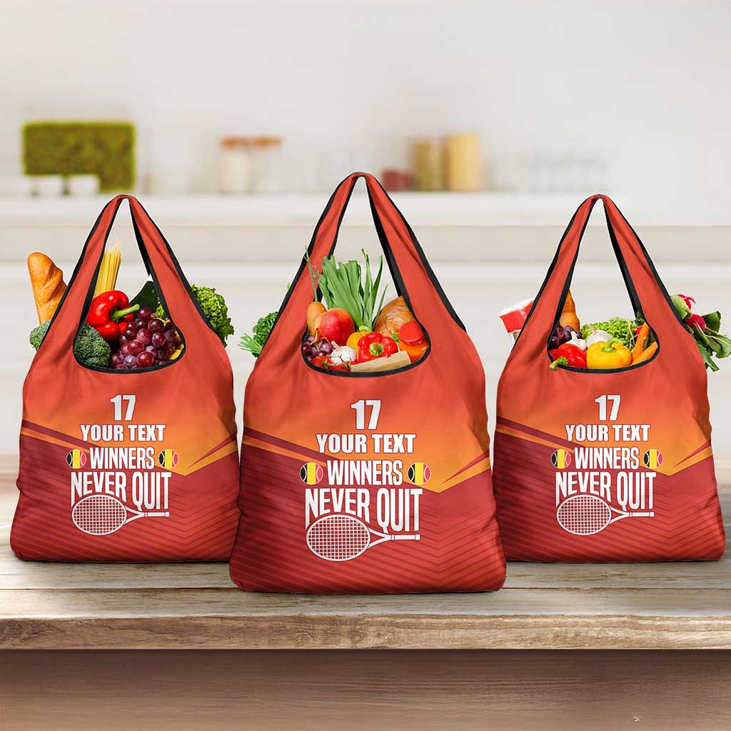 Custom Belgium Tennis Champions Grocery Bag Winners Never Quit with A Crowned Lion