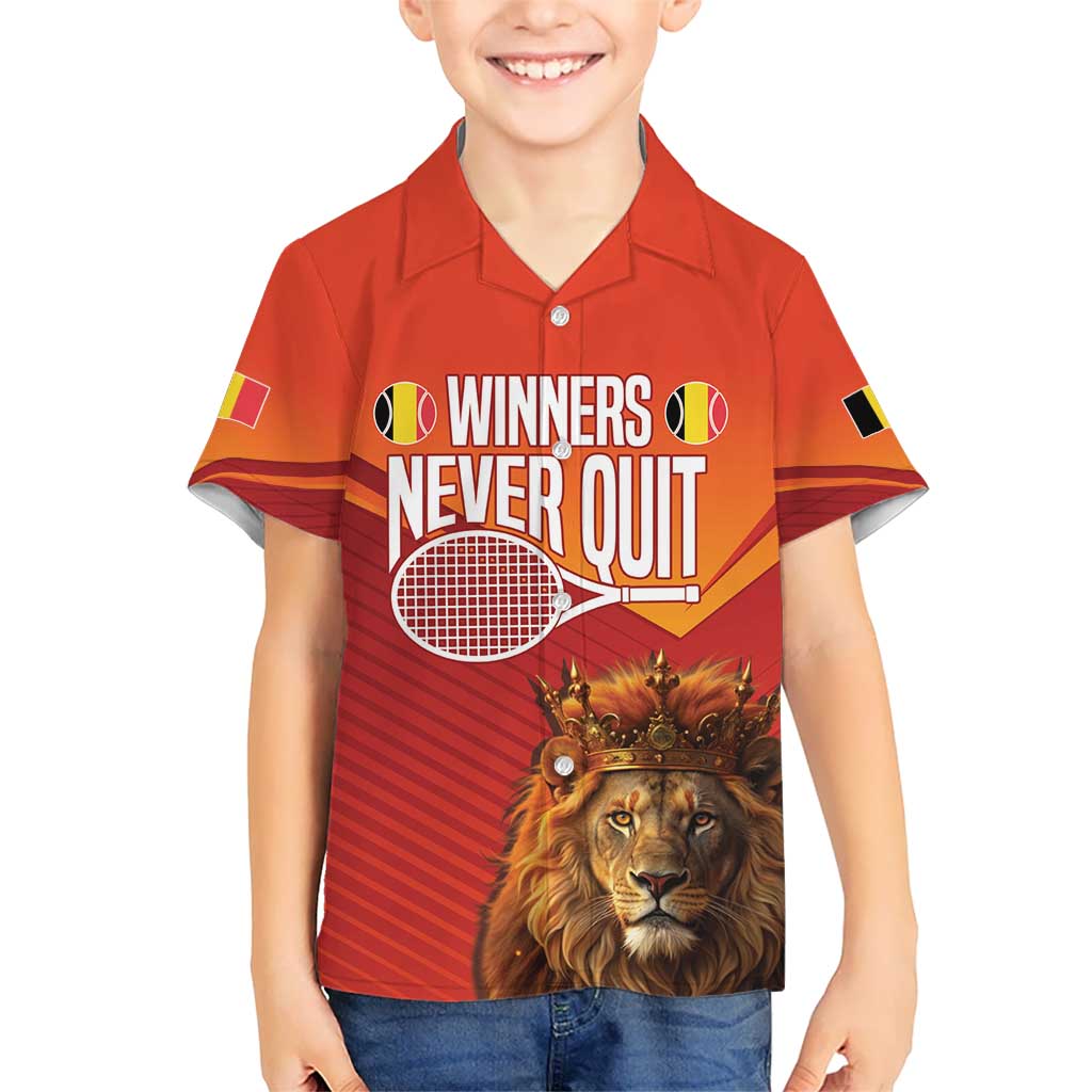 Custom Belgium Tennis Champions Kid Hawaiian Shirt Winners Never Quit with A Crowned Lion