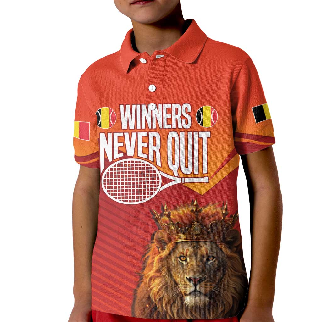 Custom Belgium Tennis Champions Kid Polo Shirt Winners Never Quit with A Crowned Lion