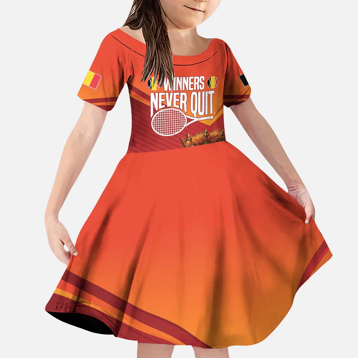 Custom Belgium Tennis Champions Kid Short Sleeve Dress Winners Never Quit with A Crowned Lion