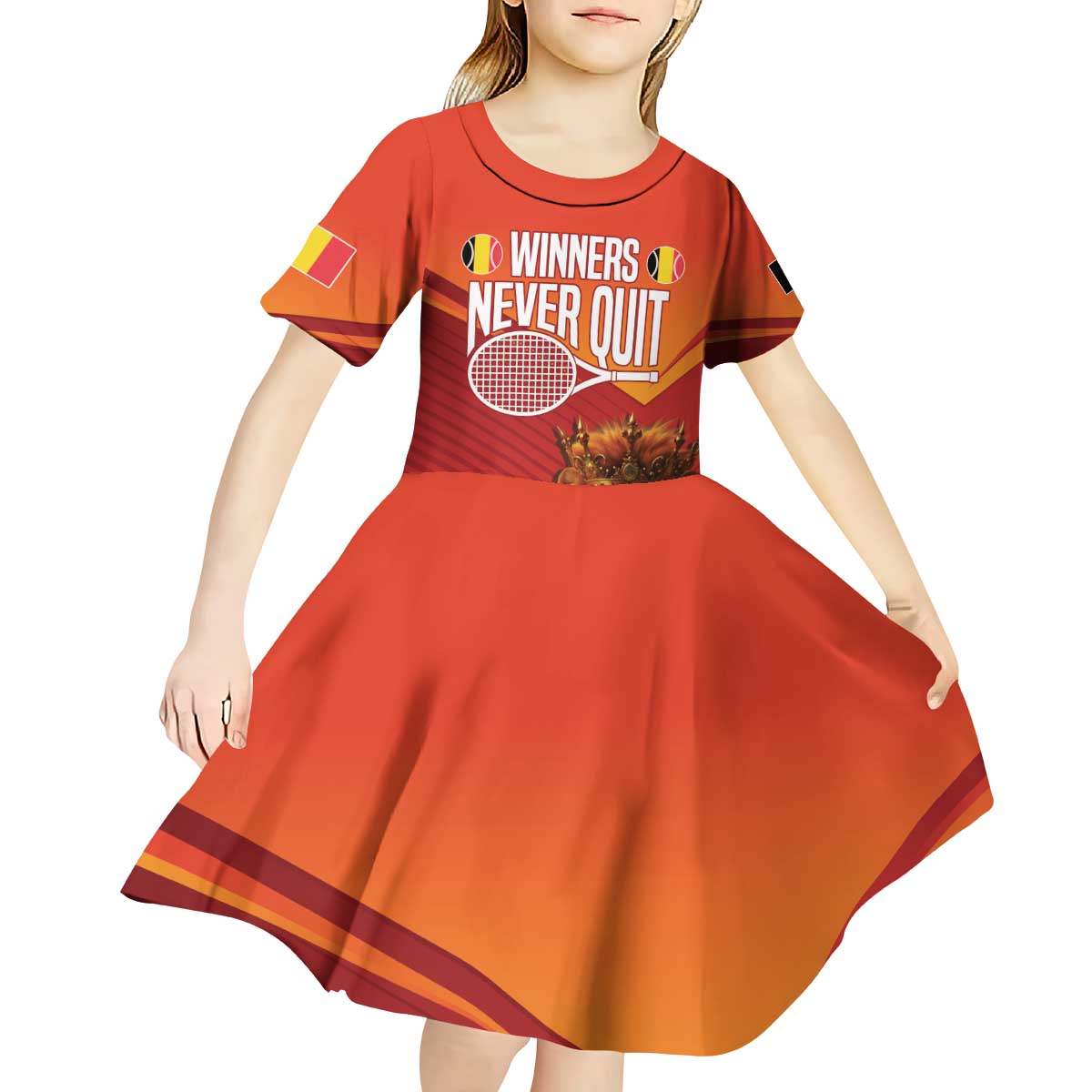 Custom Belgium Tennis Champions Kid Short Sleeve Dress Winners Never Quit with A Crowned Lion