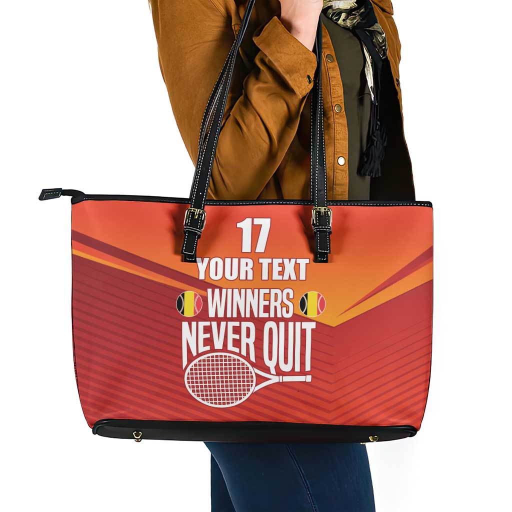 Custom Belgium Tennis Champions Leather Tote Bag Winners Never Quit with A Crowned Lion