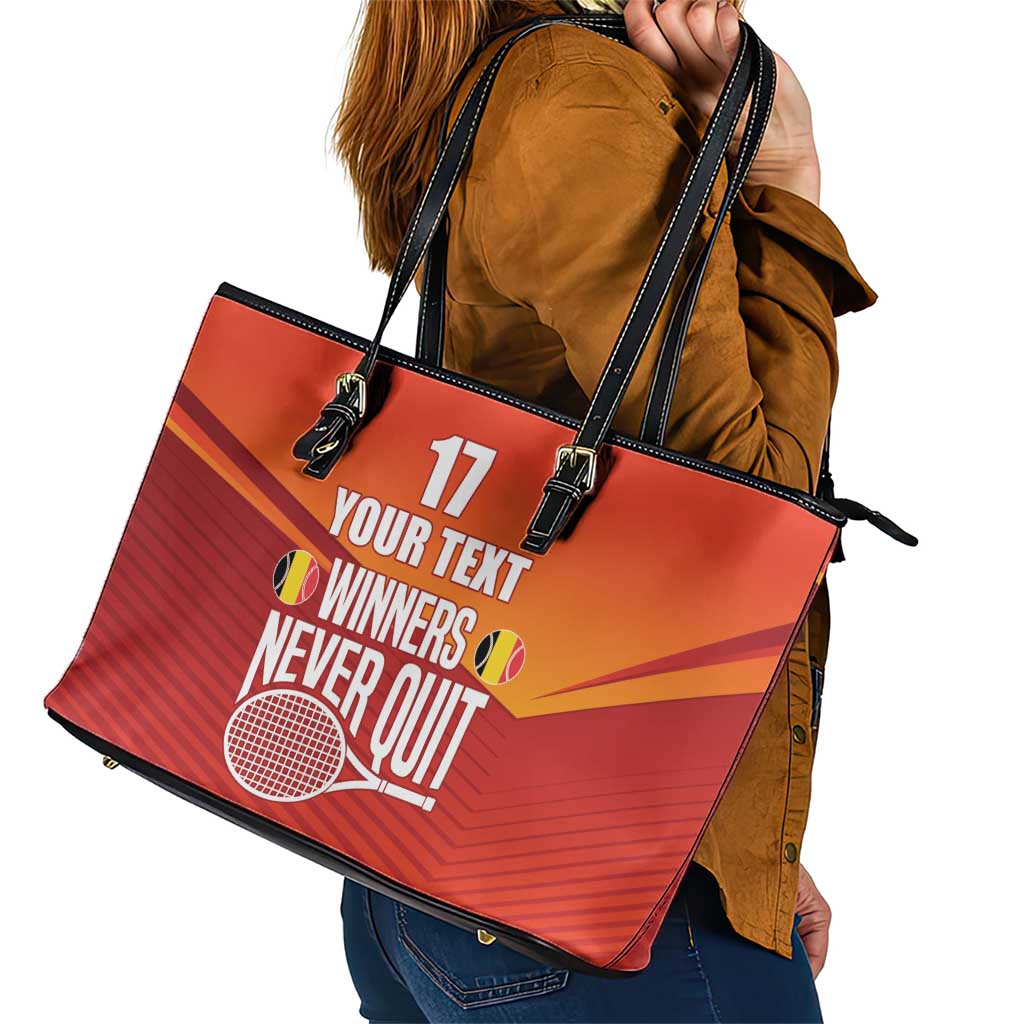 Custom Belgium Tennis Champions Leather Tote Bag Winners Never Quit with A Crowned Lion