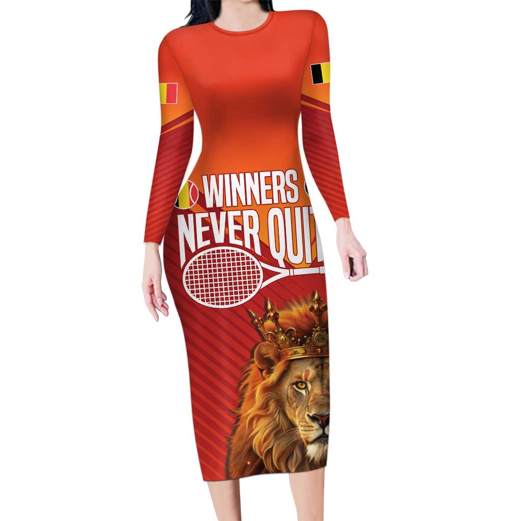 Custom Belgium Tennis Champions Long Sleeve Bodycon Dress Winners Never Quit with A Crowned Lion