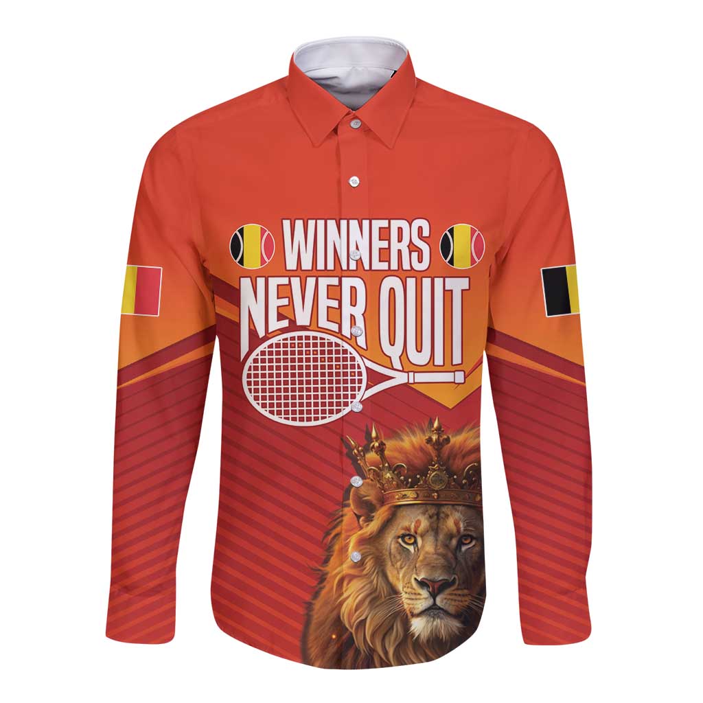 Custom Belgium Tennis Champions Long Sleeve Button Shirt Winners Never Quit with A Crowned Lion