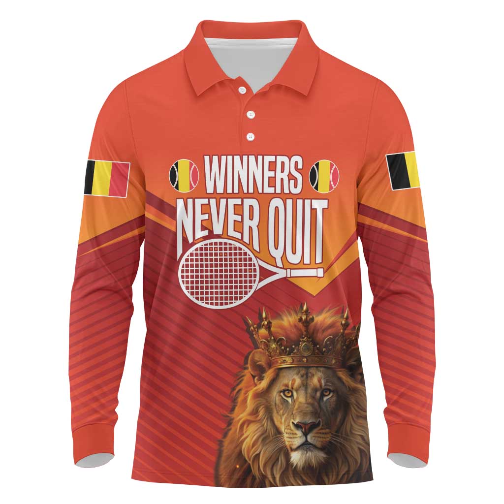Custom Belgium Tennis Champions Long Sleeve Polo Shirt Winners Never Quit with A Crowned Lion