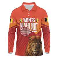 Custom Belgium Tennis Champions Long Sleeve Polo Shirt Winners Never Quit with A Crowned Lion