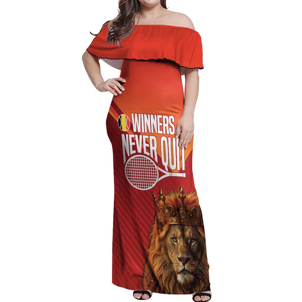 Custom Belgium Tennis Champions Off Shoulder Maxi Dress Winners Never Quit with A Crowned Lion