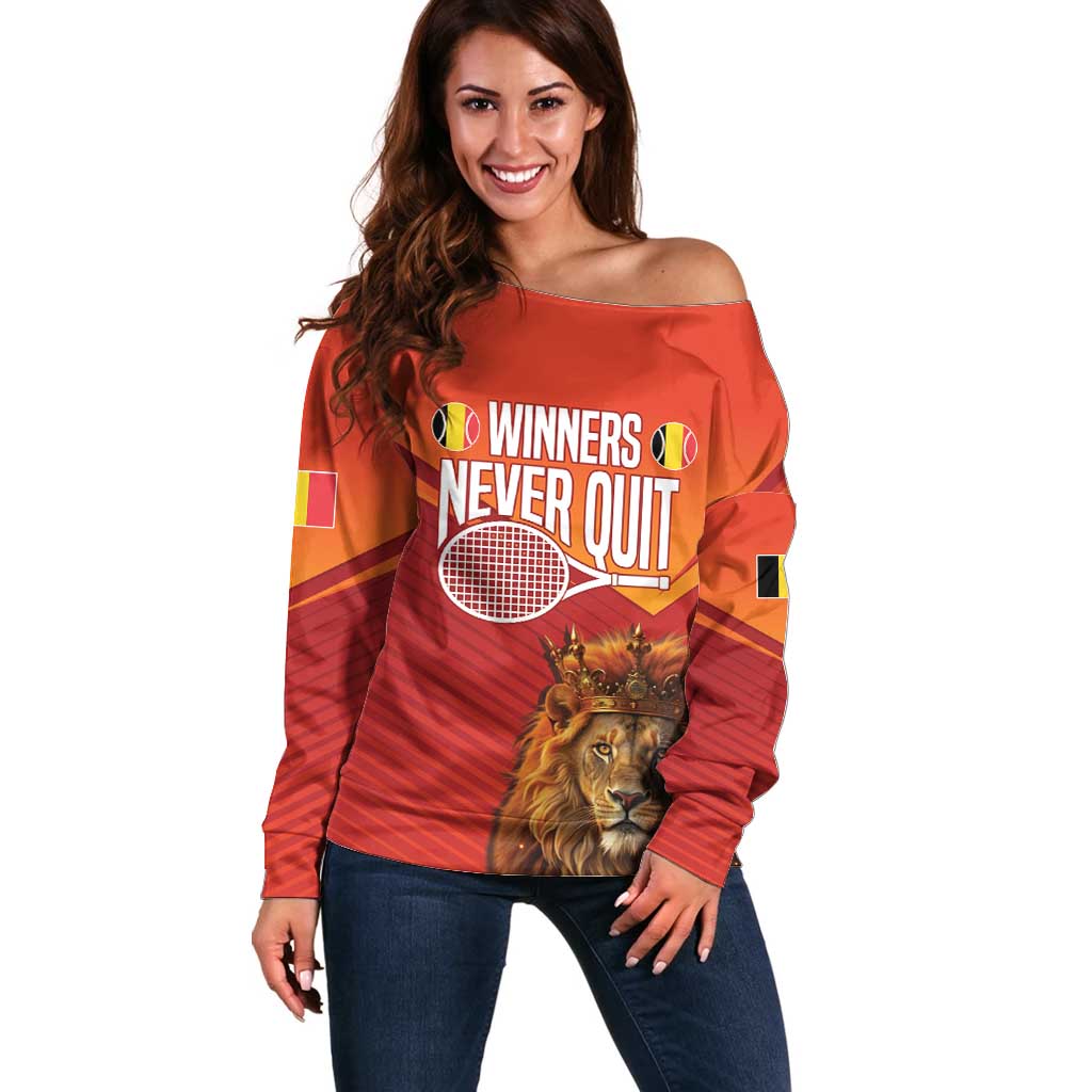 Custom Belgium Tennis Champions Off Shoulder Sweater Winners Never Quit with A Crowned Lion