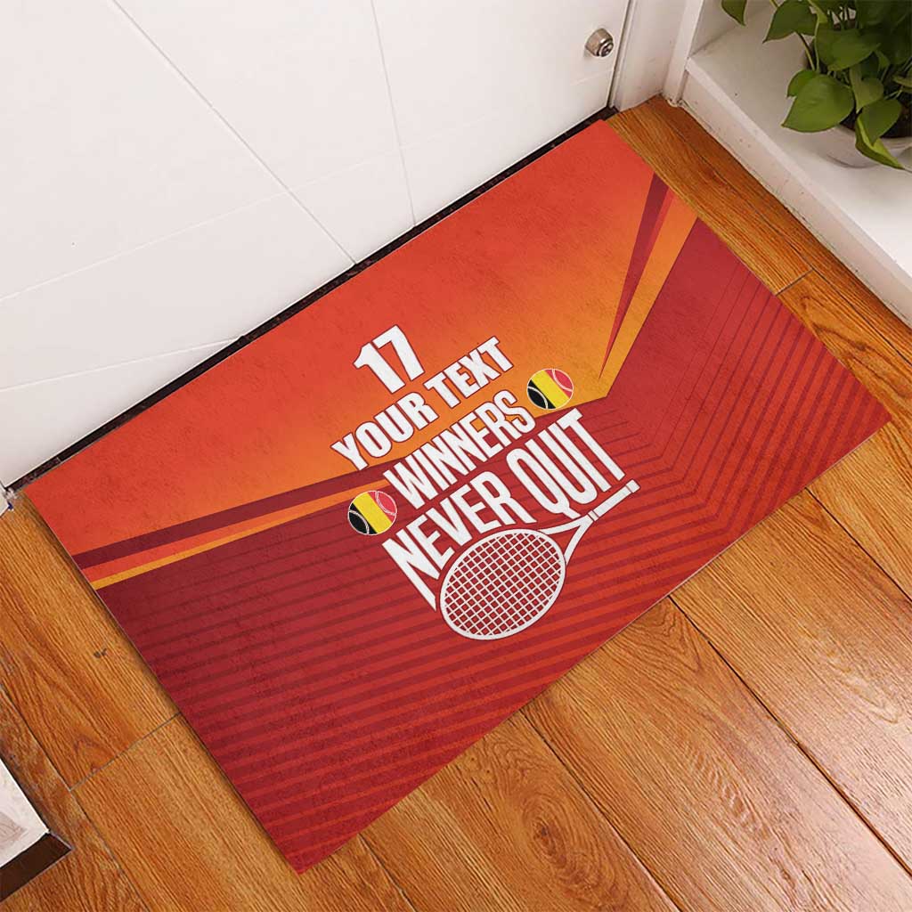 Custom Belgium Tennis Champions Rubber Doormat Winners Never Quit with A Crowned Lion