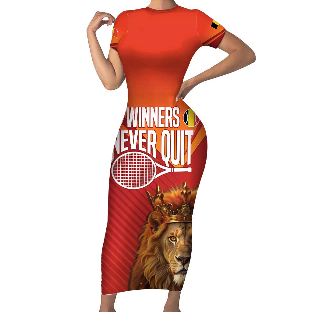 Custom Belgium Tennis Champions Short Sleeve Bodycon Dress Winners Never Quit with A Crowned Lion