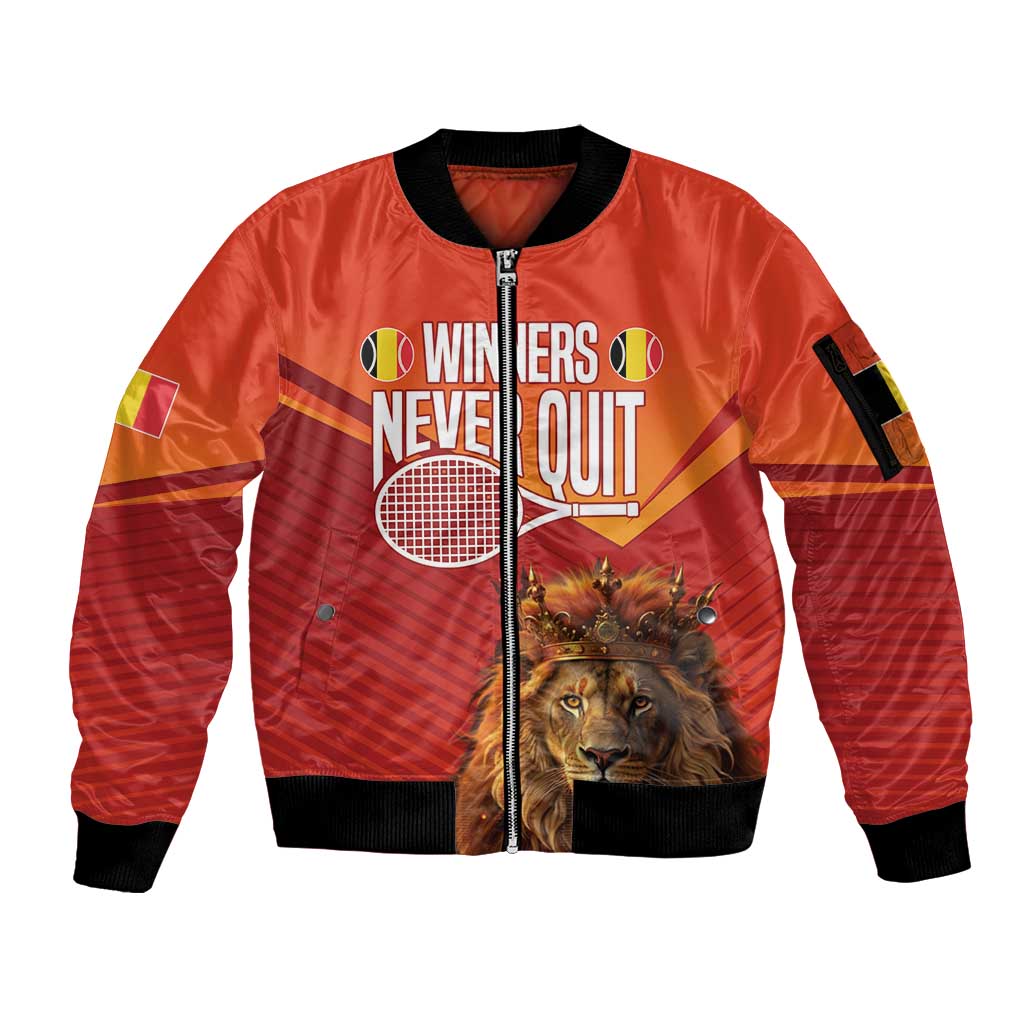 Custom Belgium Tennis Champions Sleeve Zip Bomber Jacket Winners Never Quit with A Crowned Lion