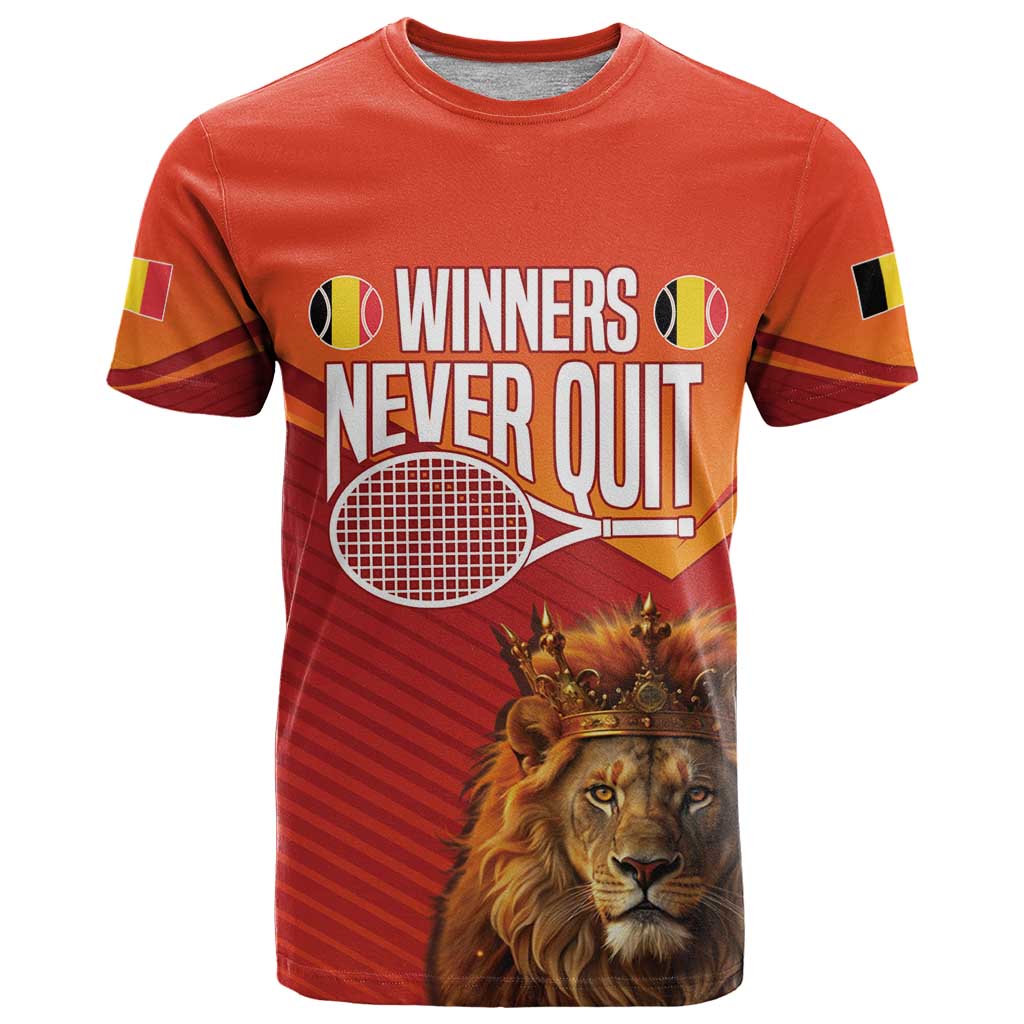 Custom Belgium Tennis Champions T Shirt Winners Never Quit with A Crowned Lion