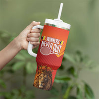 Custom Belgium Tennis Champions Tumbler With Handle Winners Never Quit with A Crowned Lion