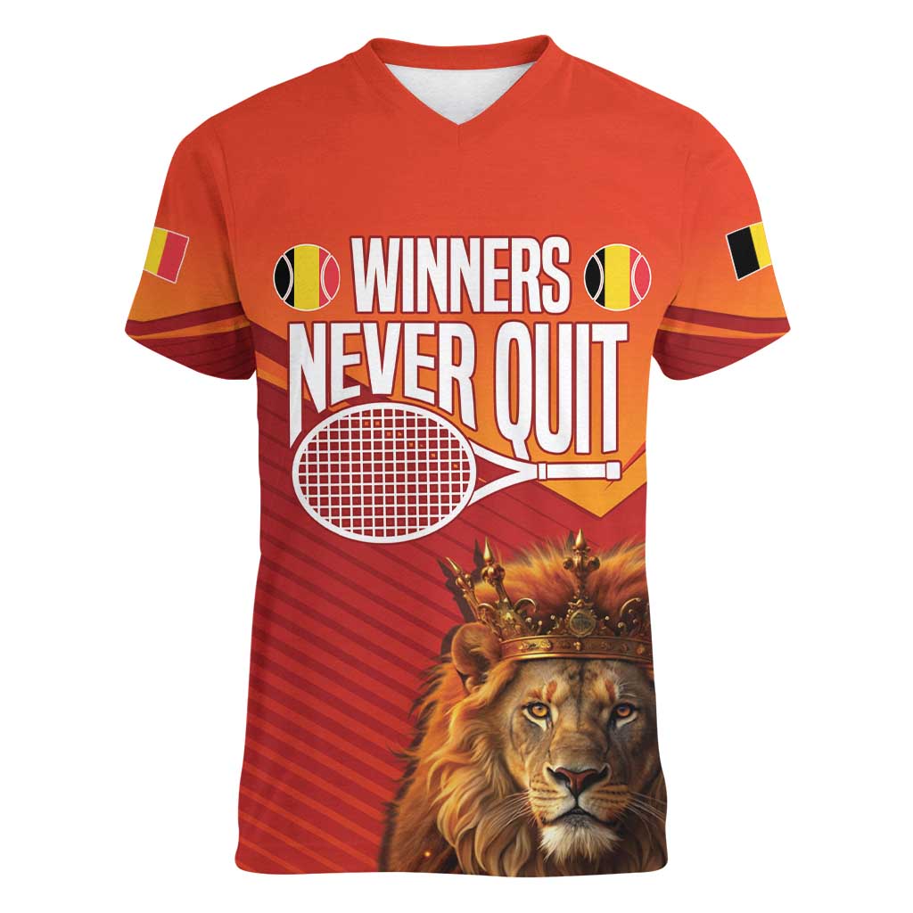 Custom Belgium Tennis Champions Women V-Neck T-Shirt Winners Never Quit with A Crowned Lion