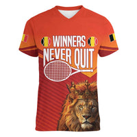 Custom Belgium Tennis Champions Women V-Neck T-Shirt Winners Never Quit with A Crowned Lion