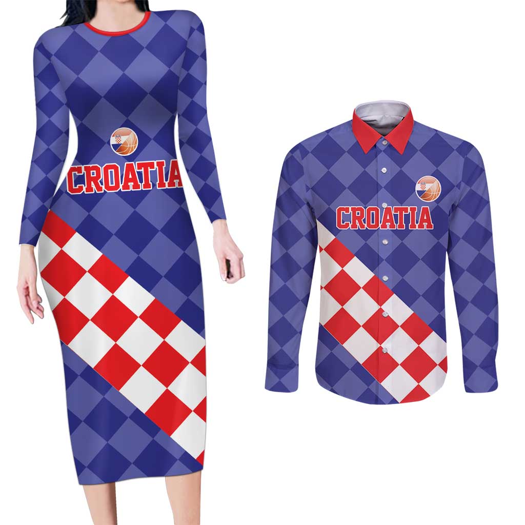 Custom Croatia Basketball Couples Matching Long Sleeve Bodycon Dress and Long Sleeve Button Shirt Sporty Style