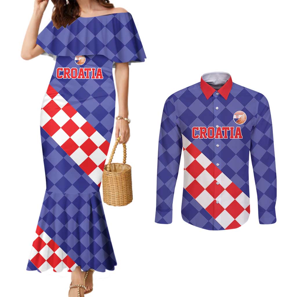 Custom Croatia Basketball Couples Matching Mermaid Dress and Long Sleeve Button Shirt Sporty Style