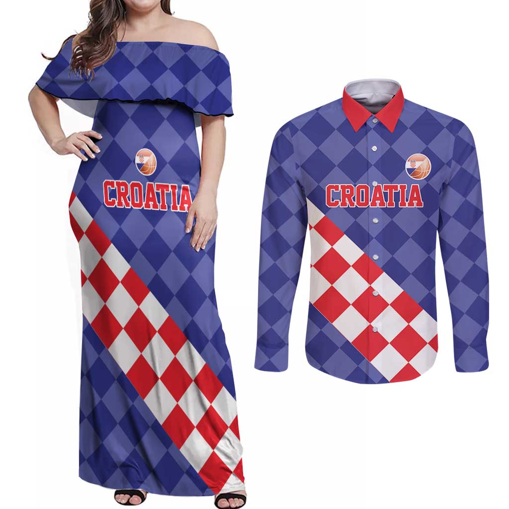 Custom Croatia Basketball Couples Matching Off Shoulder Maxi Dress and Long Sleeve Button Shirt Sporty Style
