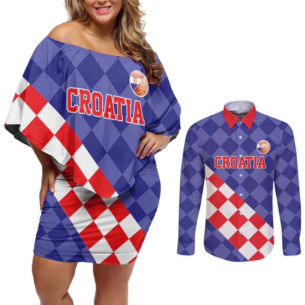 Custom Croatia Basketball Couples Matching Off Shoulder Short Dress and Long Sleeve Button Shirt Sporty Style