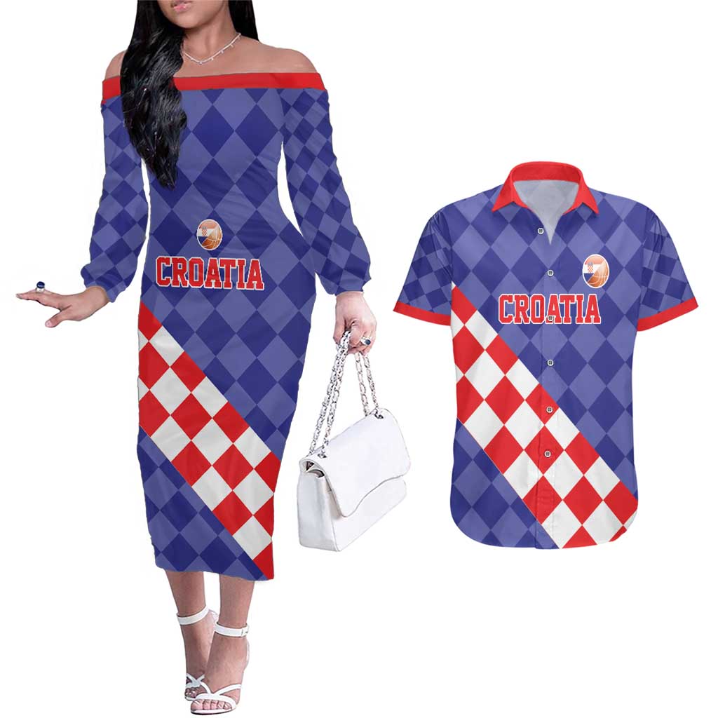 Custom Croatia Basketball Couples Matching Off The Shoulder Long Sleeve Dress and Hawaiian Shirt Sporty Style